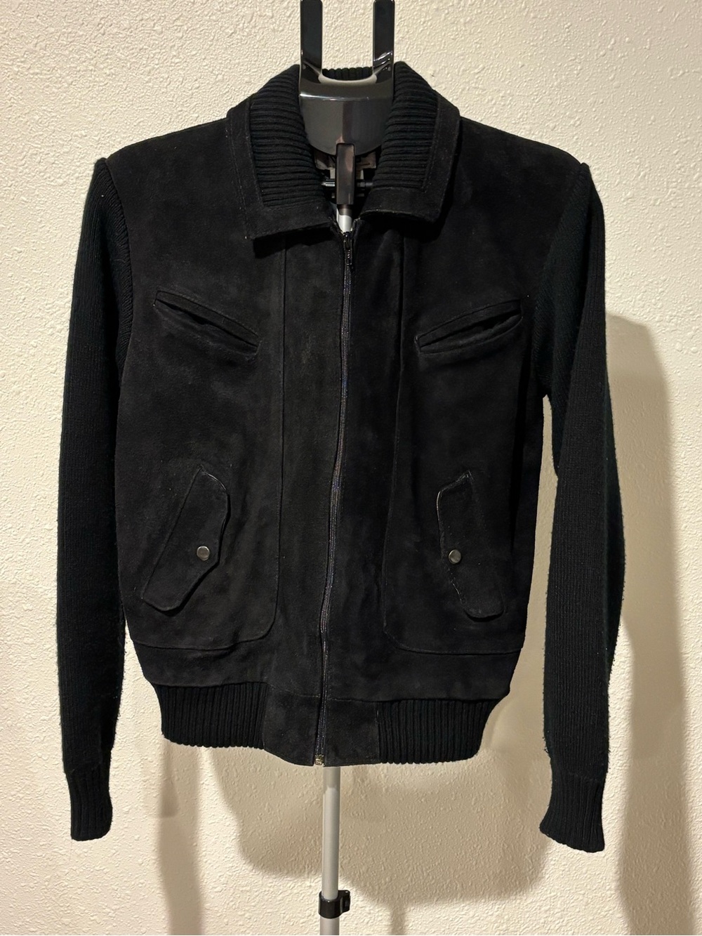 Repage Vintage Genuine Leather Knit Zip Jacket Black M